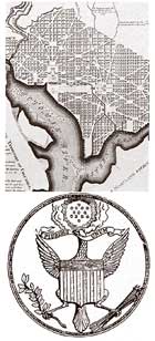 Top, detail of the 1792 plan for the city of Washington, D.C.; Bottom, the first seal of the U.S. (1782)