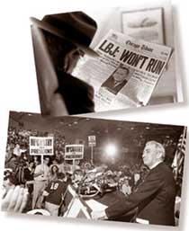 Top: A man reads the Chicago Tribune, May 1, 1968,  announcing President Johnson's decision not to run for reelection.  Bottom: Democratic presidential candidate Eugene McCarthy speaks to students at Cleveland's Case Western Reserve University in April, 1968.